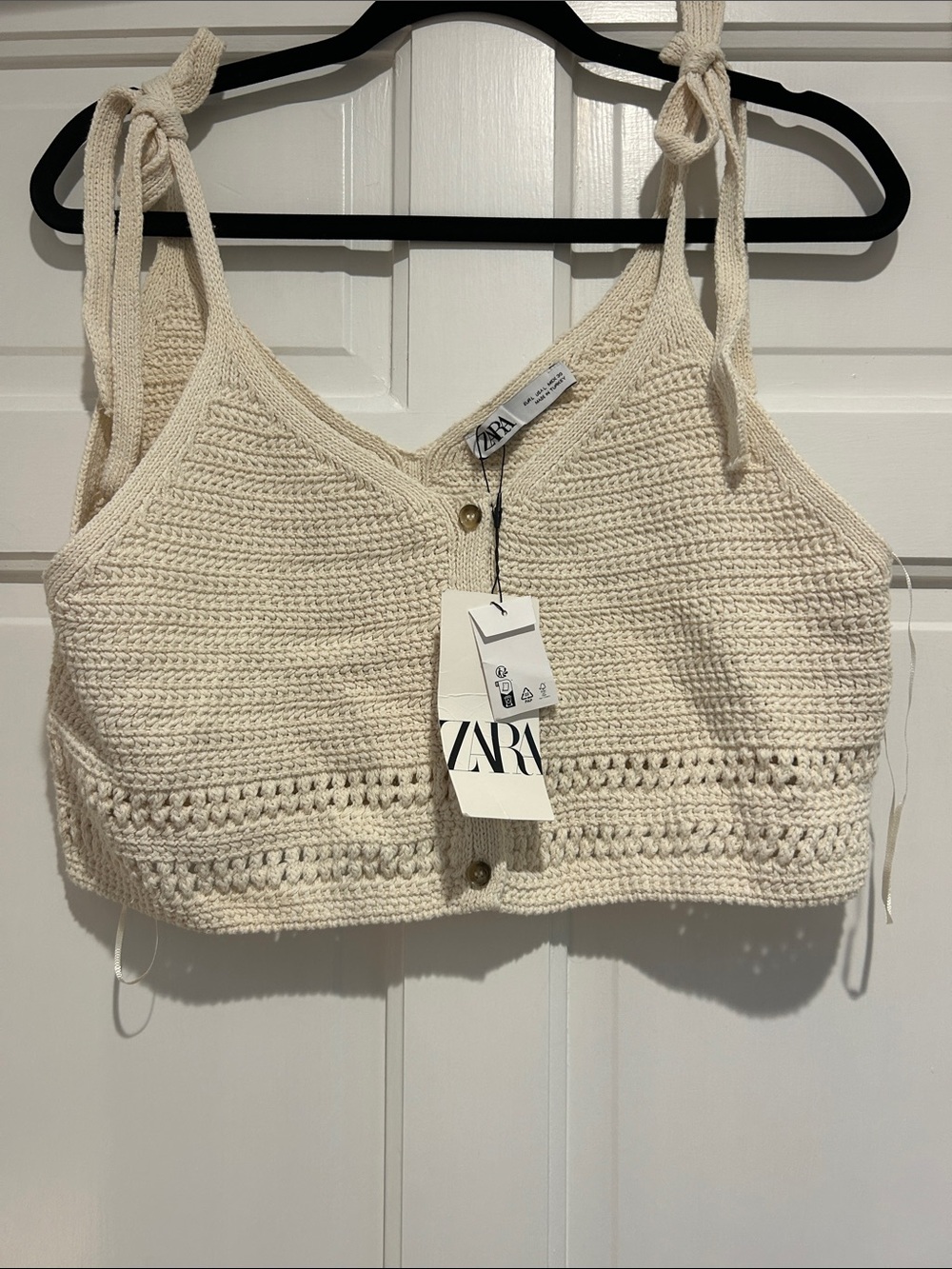 ZARA Cream Knit Crochet Tie-Shoulder Crop Camisole